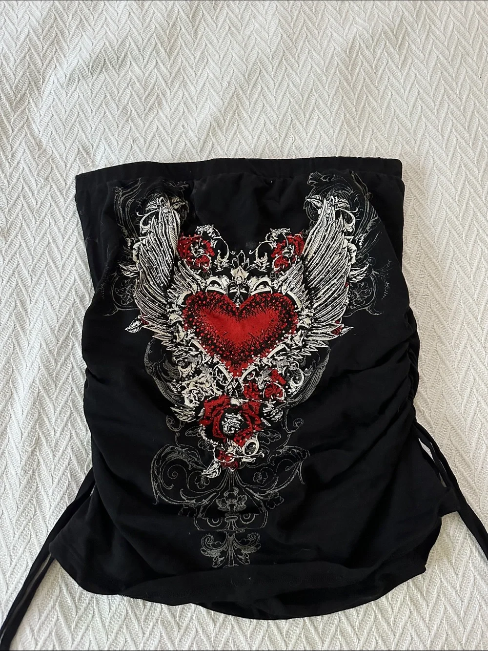 Black Strapless Top with Red Heart Wing Graphic